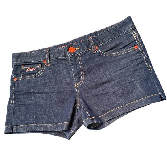 GUESS Woman’s Dark Blue Denim Shorts Orange embroidered and buttons Size 28 - Picture 2 of 6